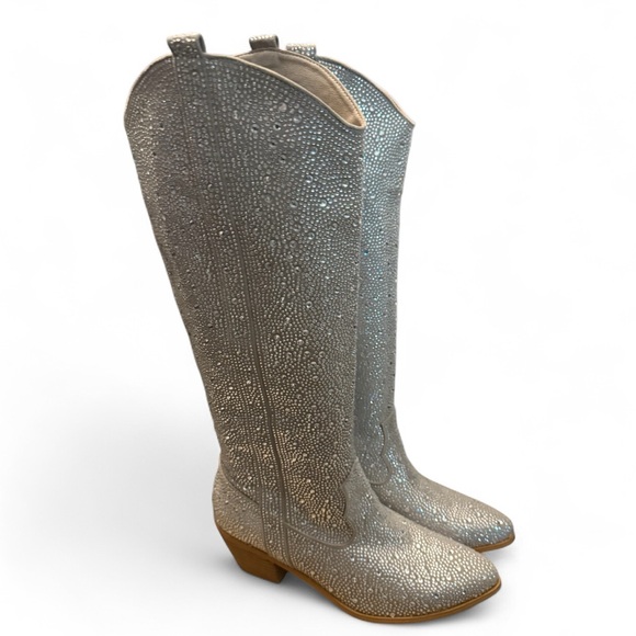 Ouepiano Cowgirl Boots Mid-Calf Western Rhinestone Pointed Toe Low Chunky Heel 8 - Picture 1 of 11